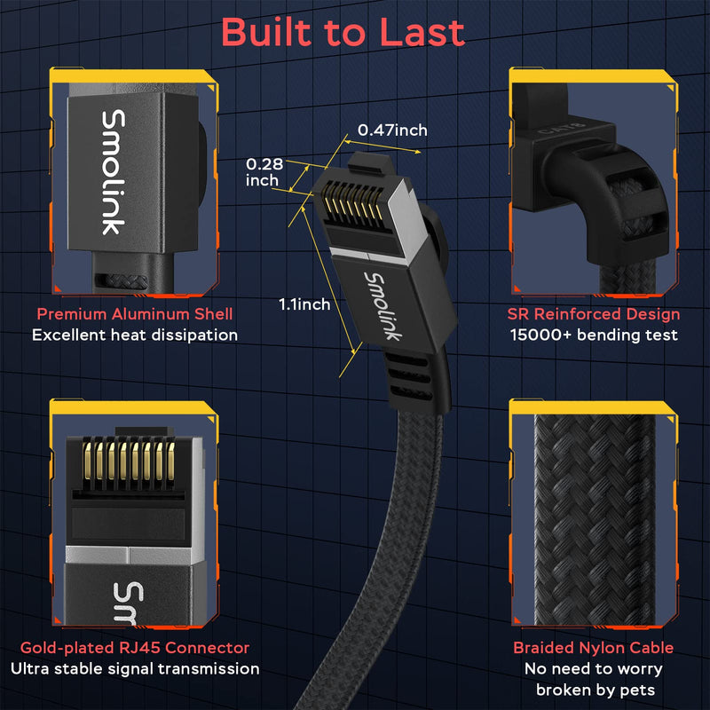 Smolink Ethernet Cable 50 ft, Cat 8 Ethernet Cable with 40Gbps 2000Mhz High Speed Ethernet Cable, Shielded Heavy Duty SFTP RJ45 LAN Cable Patch Cord for Modem Router Gaming PC PS4/5/6 Xbox, Black Braid Flat Cat8 50ft