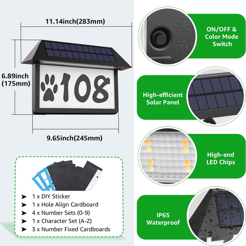 ASOMST Solar Address Sign, Lighted House Numbers Waterproof, 3-Color Lighting Modes LED Illuminated Address Plaque, Wall Mount Address Number for Home 1