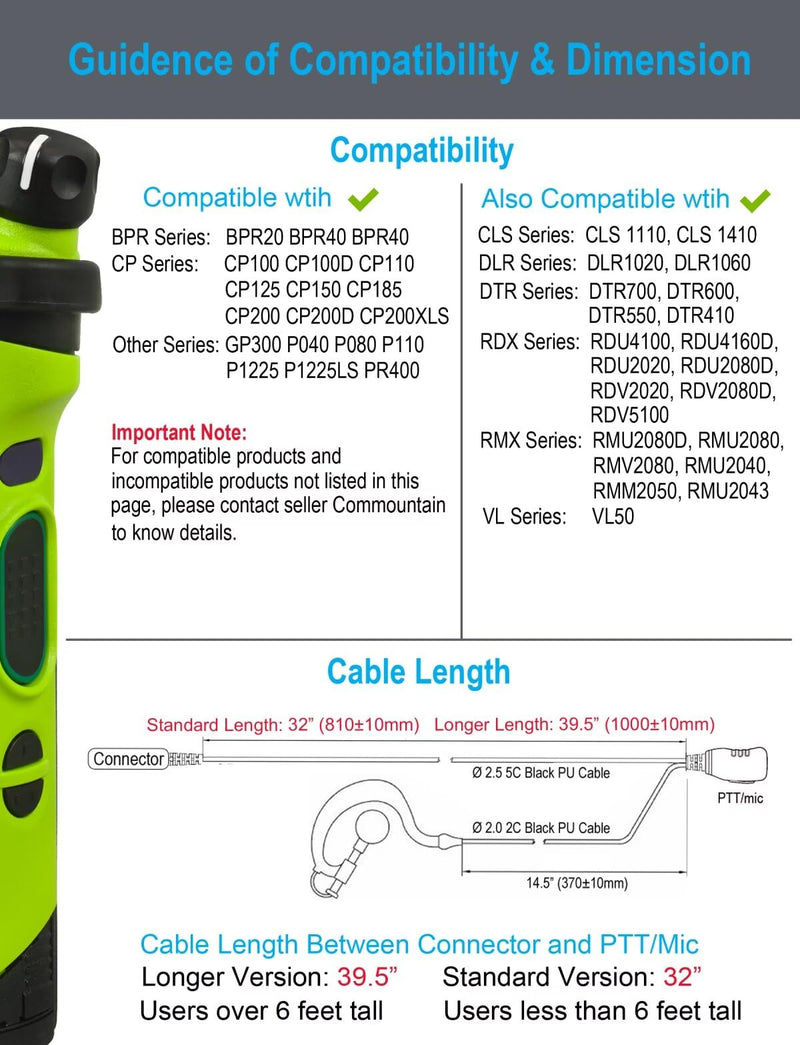 commountain CP200D CP100D Earpiece with PTT/Mic for Motorola Walkie Talkies Radios R2 CP200 CP185 BPR40 BPR40D CLS1410 CLS1110 DTR700 RDU4100 RDU4160D RMU2040 RMU2080D CLS CP, G Shape Earhook Headset For users below 6 feet tall