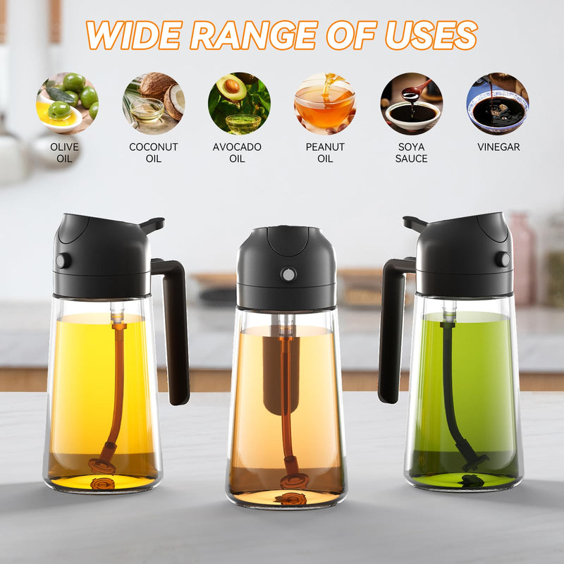 2-in-1 Oil Dispenser and Sprayer, 500ml Glass Bottle, Black, Cooking, Salad, Barbecue