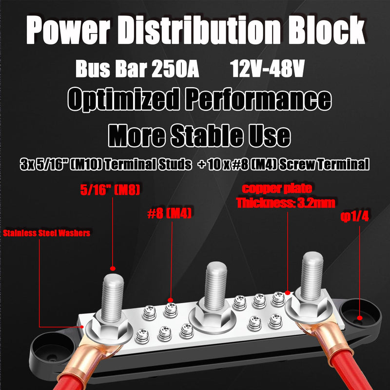 250A Bus Bar 12V Marine 3 x 5/16" (M8) Terminal Studs,10 x #8 (M4) Screw Terminal 12V-48V Power Distribution Block with Cover,with 25PCS Terminal Parts Battery Bus Bar for Boat Automotive Car