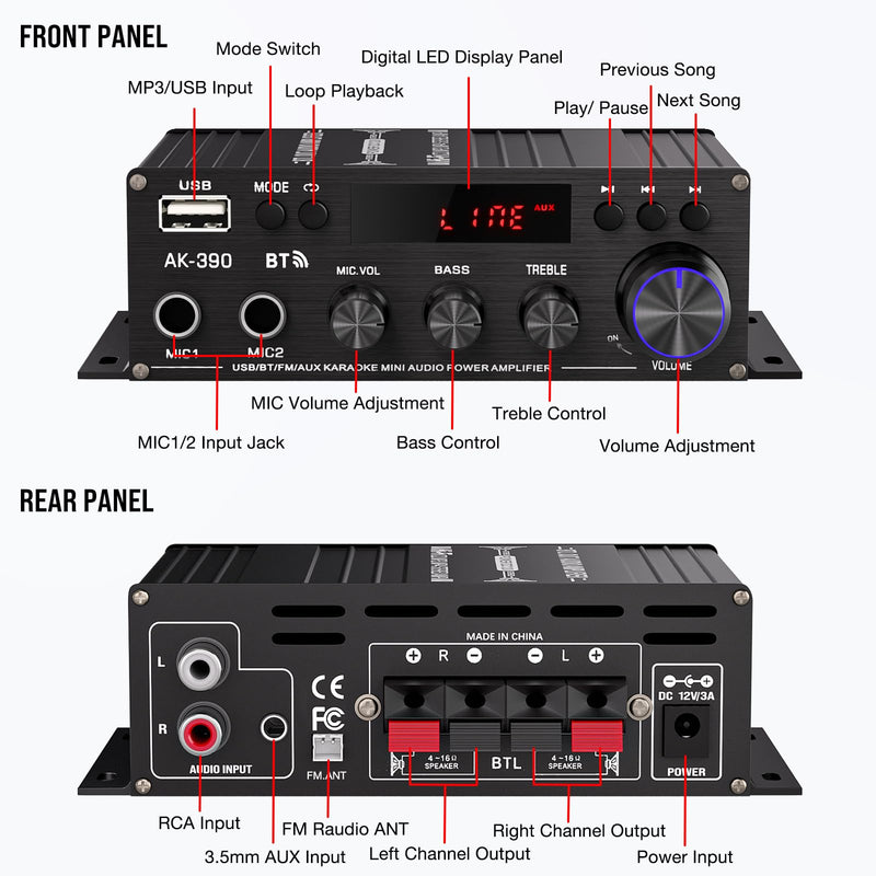 AK-390 2.0CH Stereo Amplifier, Max 400W HiFi Stereo Amplifier, Bluetooth 5.0 Home Audio Power Amplifiers with MIC/RCA/USB/SD for Car Home Karaoke Bar Garage, Remote Control & Power Adapter