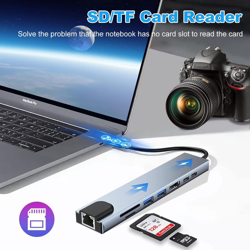 USB C Hub 8 in 1, RJ45 Ethernet Multi Port Adapter, with SD/TF Card Slot, 4K HDMI, USB 3.0/2.0, RJ45, 100W PD, USB C Port, Docking Station for MacBook Pro/Air, iPad Pro, Laptops