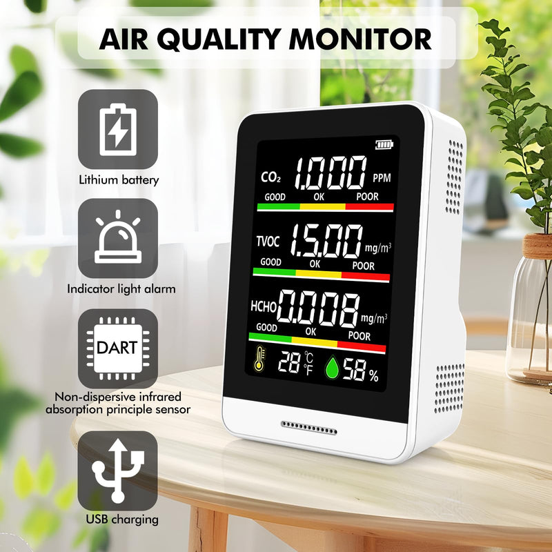 22 HOBBIES Air Quality Monitor Indoor,8-in-1 Smart Air Quality Tester with CO2, TVOC, HCHO, AQI, Temperature & Humidity, Real Time Display, Battery Powered, for Home & Office(White) White