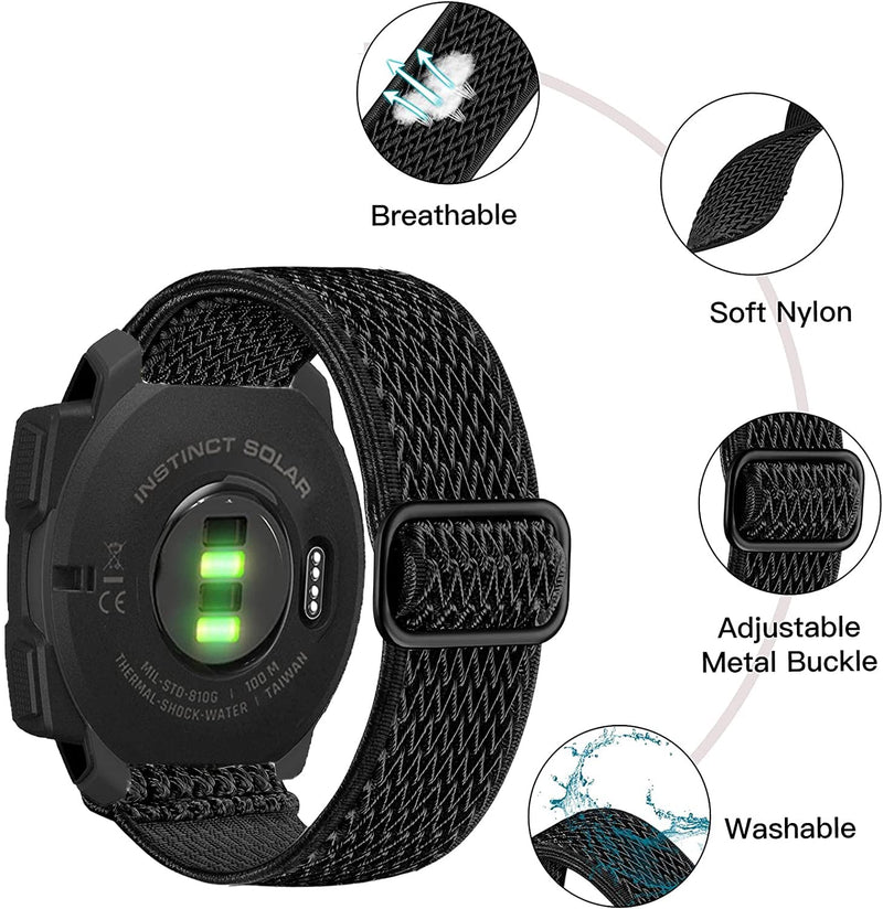 Olytop Elastic Watch Bands for Garmin Instinct/2 Solar, 22mm Soft Stretchy Nylon Ultra-Light Wristband Replacement Strap Men Women for Garmin Instinct Tactical/Esports/Solar/Tide Smartwatch Wave Black+Green