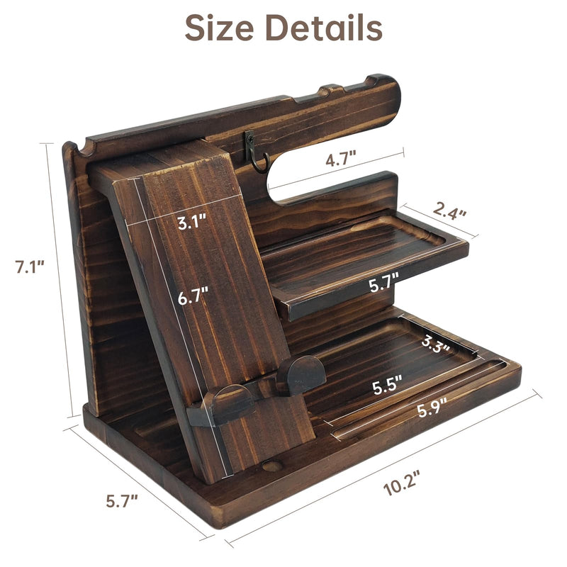 Nightstand Organizer with Phone Docking Station and Desk Organizer - Brown Wooden Gift for Men and Dad