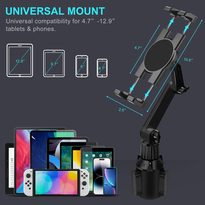 Cup Holder Car Tablet Mount for Truck, 360° Adjustable 15" Long 2-Arm Stand Holder for iPad Pro 12.9/11/10.5/9.7/Air/Mini 6/5/4, Samsung Galaxy Tab/Z Fold 6/5/4, iPhone 17/16/Pro, 4.7-12.9" Tab &Phone 15"