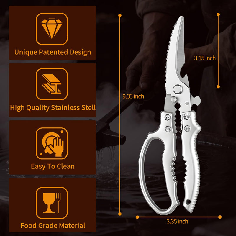 Heavy Duty Poultry Shears, Japan Kitchen Shears with Non-Slip Handle & Safety Lock, All Purpose Kitchen Scissors for Chicken, Meat Cutting, Turkey, Fish, Vegetables, Spring Loaded, Dishwasher Safe Silver&black 2-Pack