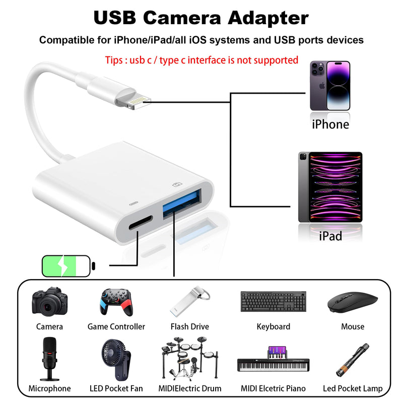 [Apple MFi Certified] Lightning to USB Camera Adapter for iPhone, High-Speed USB Female OTG Cable with Charging Port for iPad to Connect Card Reader, Plug and Play