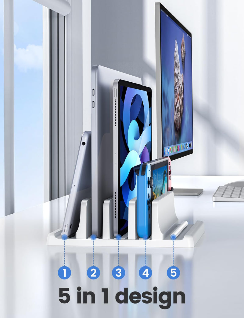 Vaydeer 3-Slot Vertical Laptop Stand Made of Premium ABS Plastics 5 in 1 Design Space-Saving Adjustable Desk Organizer for All MacBook/Chromebook/Surface (White) White