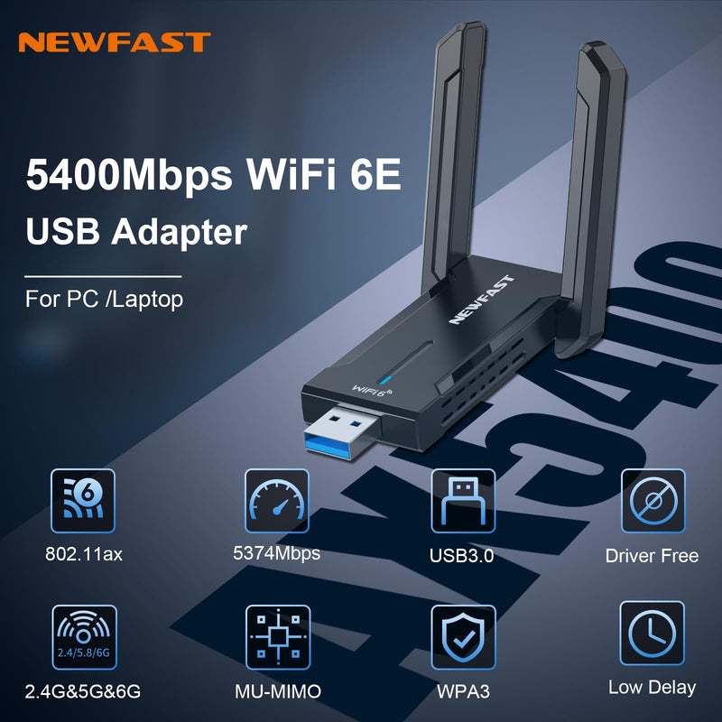 NEWFAST AXE5400 USB WiFi Adapter for Desktop PC NF-U353, Tri-Band Wireless Network Adapter for Laptop, USB 3.0 WiFi Adapter for PC,New 6GHz Band,MU-MIMO,OFDMA,WPA3,WiFi 6E Dongle for Windows 11/10 black
