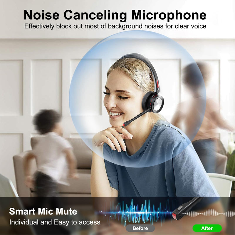 Bluetooth Headset with Microphone for PC, Wireless Headset with Mic & Mute Button, 40 Hrs Working Time, Noise Cancelling Bluetooth Headset 5.2 for Work Office Laptop Teams Business Meeting