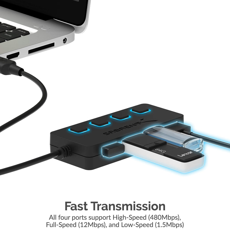 SABRENT 4-Port USB 2.0 Hub with Individual LED lit Power Switches + [6-Pack] 22AWG Premium 3ft Micro USB Cables High Speed USB 2.0 A Male to Micro B Sync and Charge Cables