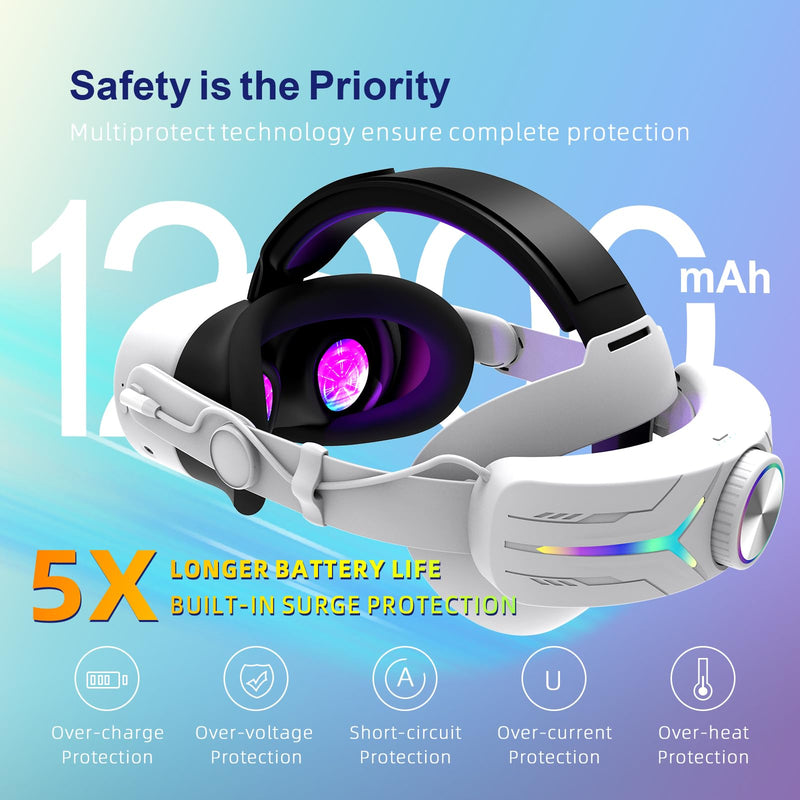 RGB Comfort Battery Head Strap 12000mAh Compatible with Meta Quest 3S, NOT Compatible with Quest 3 12000mah-Q3S
