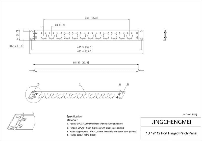 Jingchengmei 12 Port/Way/Hole Hinged Patch Panel - 1U 19" Rack Mount D-Type Connectors - Audio with Hinged Side (H1U12D, Black)