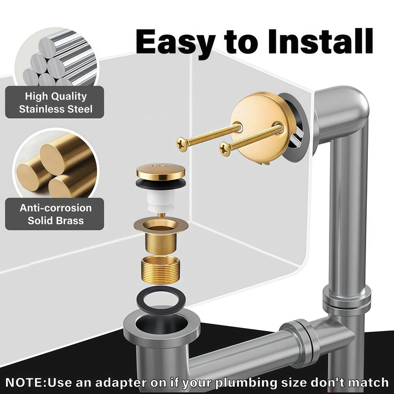 Tub Drain Tip-Toe Trim Set with Two-Hole Overflow Faceplate,Bath Tub Drains Conversion Kit with Universal Fine/Coarse Thread,Brushed Gold Replacement Bathtub Drain Stopper Assembly