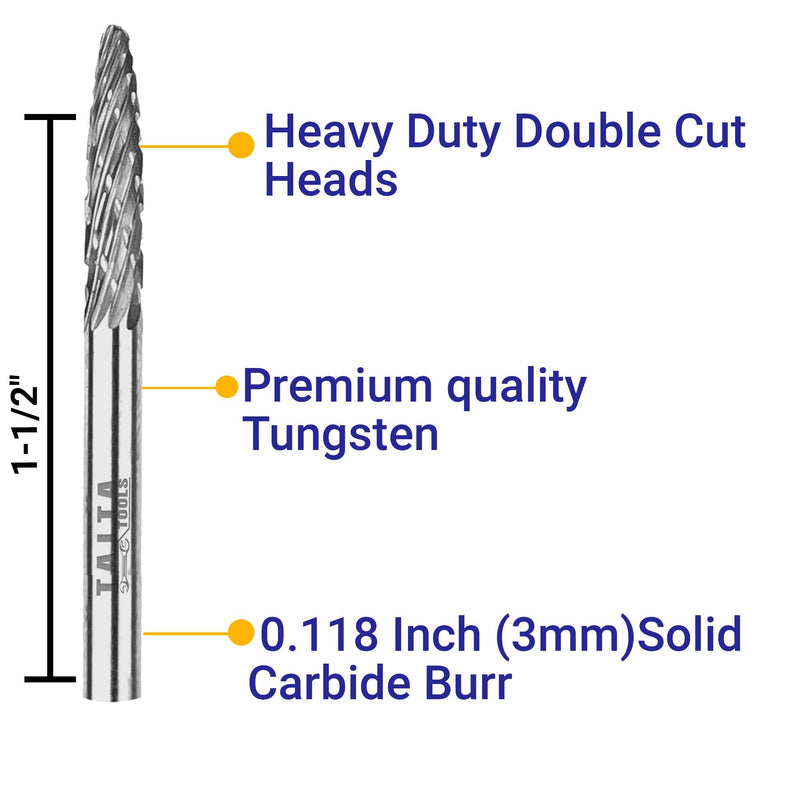 20PC Carbide Double/Single Cut Burr Set - 3mm Shank, Rotary Tool Cutting Bits - Accessories for Dremel, Fordom, Flex Shaft, Dewalt and Multitools - for Wood Carving, Metal Working and Engraving.