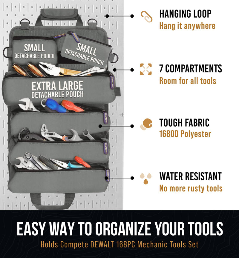 CRAFT911 Durable Tool Bag Organizers w/Detachable 6 Tool Pouches - Small | Compact & Lightweight Tool Roll Up Organizer for Electrician, Mechanic, Hobbyist Gray