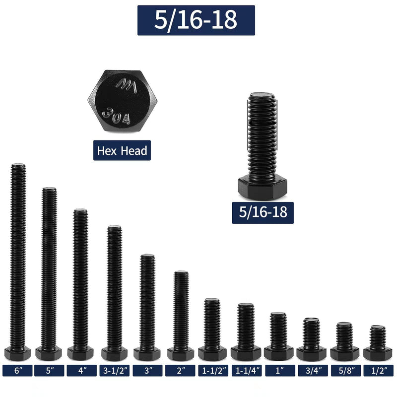 5/16-18 x 4" Hex Head Screw Bolt, 20Pcs 18-8 (304) Stainless Steel, Fully Threaded,Black Oxide by SG TZH 20 5/16-18 x 4"