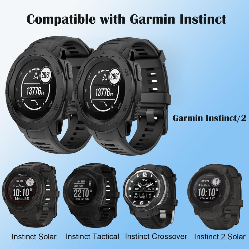 2 Pack Waterproof Band Compatible with Garmin Instinct, 22mm Soft Silicone Replacement Watch Strap for Garmin Instinct 2 / Instinct Esports/Solar/Tactical black+black