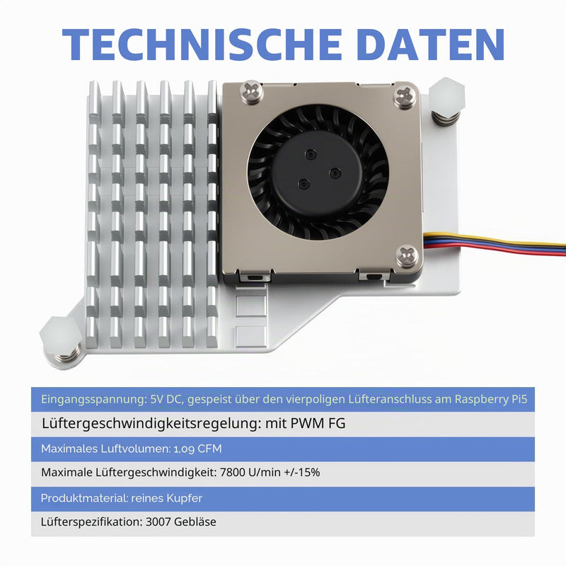 Active Heatsink with Fan for Raspberry Pi 5 - Quiet CPU Cooler with Aluminium Heatsink & Thermal Pads - PWM Control for Efficient Cooling & Lower Power Consumption (5V)