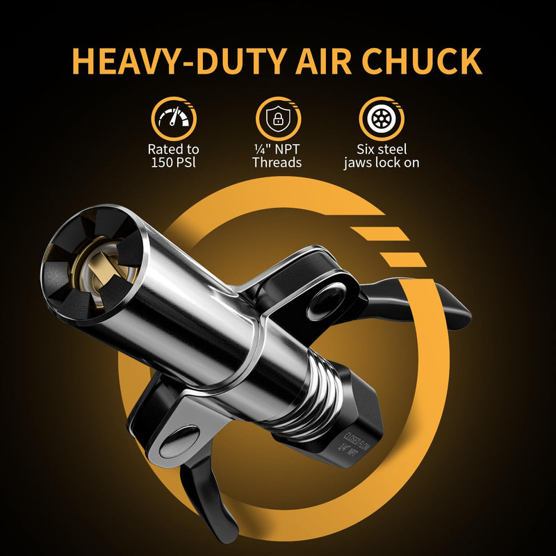 Locking Air Chuck, Heavy Duty Closed Flow with Six Steel Jaws, Locks onto Any Tire Valve, No Leaks or Pop-Offs, Rated to 150 PSI - Closed Flow