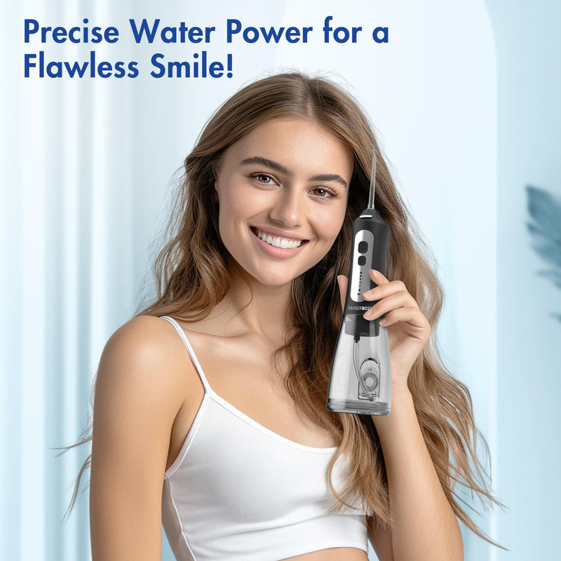 BarberBoss Wireless Oral Irrigator for Teeth and Gums, Rechargeable Oral Irrigator, 5 Cleaning Modes, 6 Nozzles and LED Display, IPX7 Waterproof Dental Floss Set (Black)