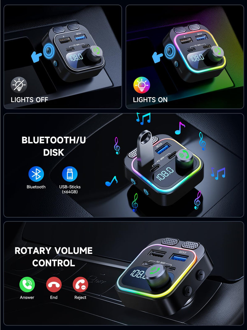 60W Bluetooth 5.4 FM Transmitter Car Adapter [Reinforced Dual Mics & Deep Bass] [Dual PD 60W & QC3.0] Fast Charging Handsfree Calling Wireless Radio Bluetooth Transmitter for Car [Black] Black
