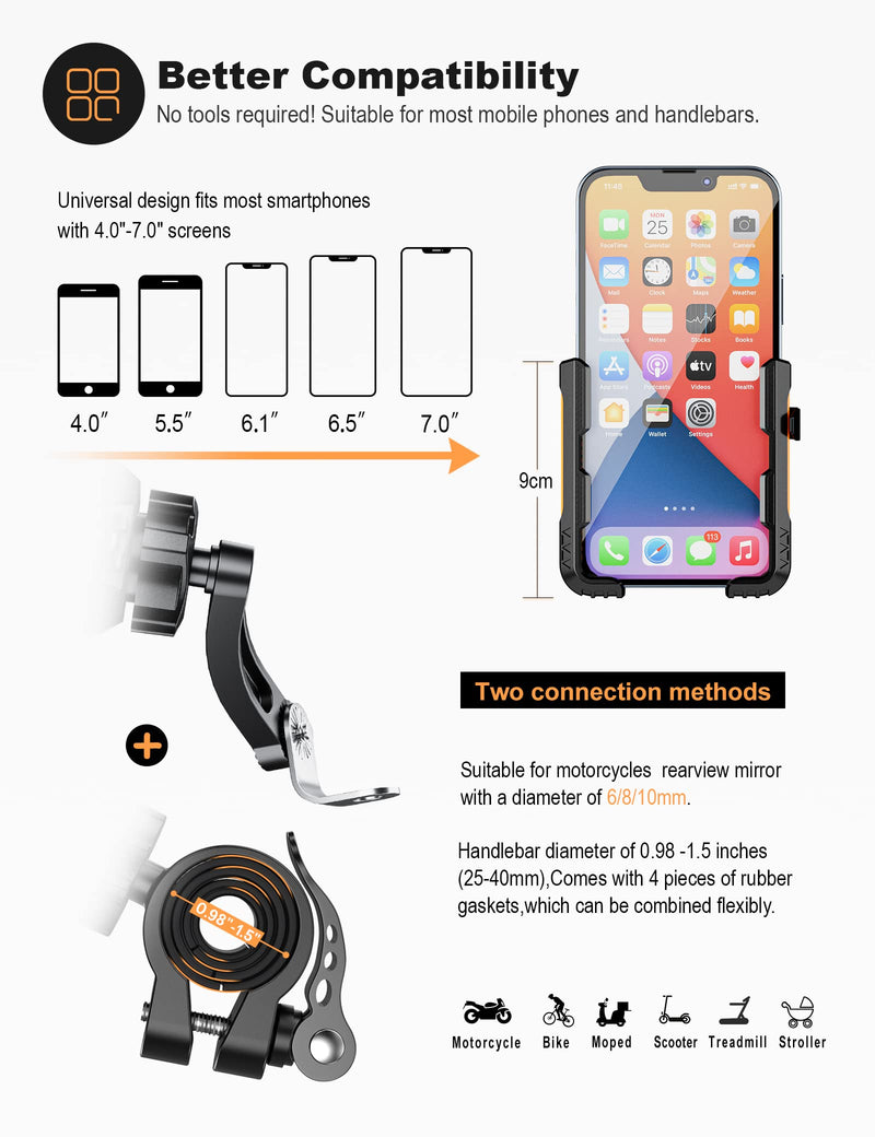 Motorcycle Phone Holder Handlebar Mount Motorbike Phone Holder Rearview Mirror【2 Connection Methods+1S Quick Disassembly】 with 360 Rotate for 4.0-7.0 inch Smartphone