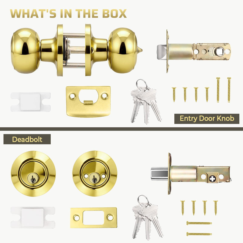 KNOBWELL 1 Pack Keyed Alike Door Knob and Double Cylinder Deadbolt Set, Exterior Door Lock Set, Polished Brass