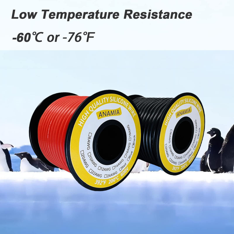 ANAMIA 12 Gauge Stranded Copper Wire 50ft, Flexible 12 AWG Silicone Wire, 200℃ High Temperature 12AWG Automotive Wire (25ft Black + 25ft Red Spools) Red & Black