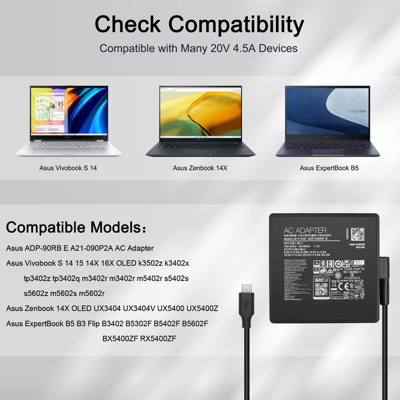 90W USB-C Charger adp-90rb e for Asus Vivobook S 14 14X 16X OLED k3502z k3402x tp3402z m3502r s5402s s5602z m5602s Asus Zenbook 14X ux3404V ux5400z q410v q420v a21-090p2a adapter