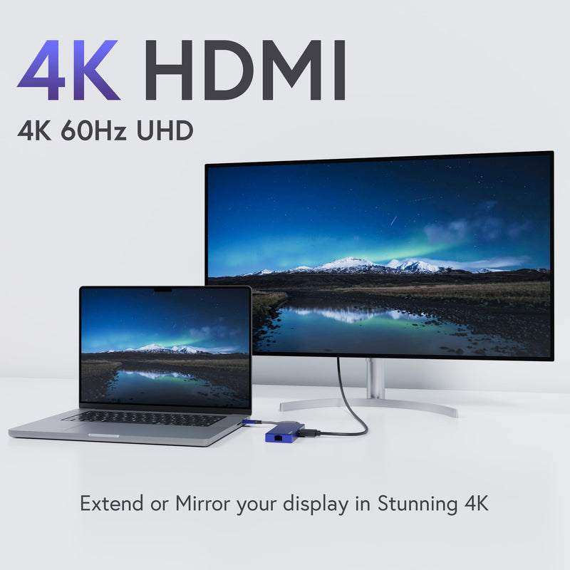 7-in-1 USB-C Hub, SD Reader, Audio Out/Mic, Gigabit Ethernet, 4K@60Hz HDMI, USB-A 5Gbps, USB-C Charging for iPhone 15, iPad, MacBook, XPS, Lenovo DY22HUC711S