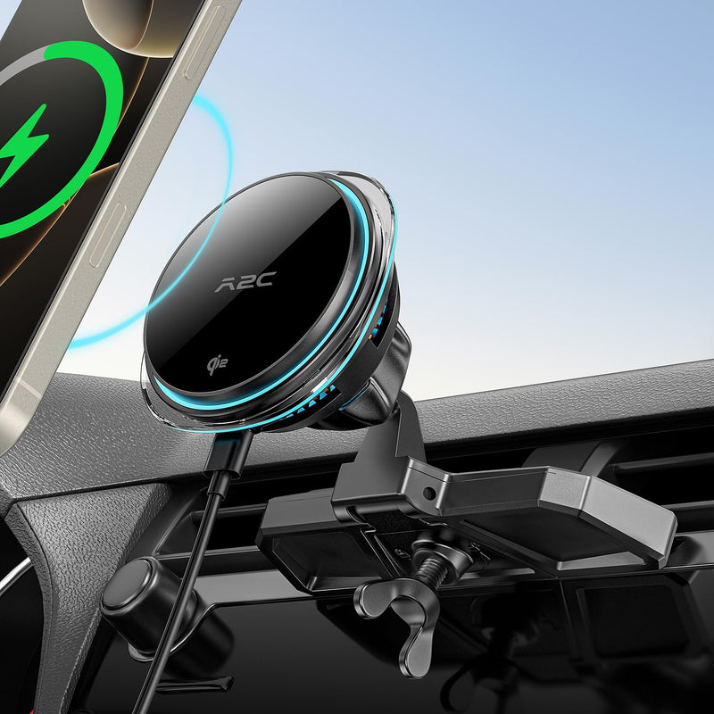 A2C Qi2 15W Wireless Car Charger CD Mount for MagSafe, Magnetic Wireless Charger for Car Air Vent | CD Slot with Semiconductor Cooling Chip, Fast Charging for iPhone 17 16 15 14 13 12, LED Indicator