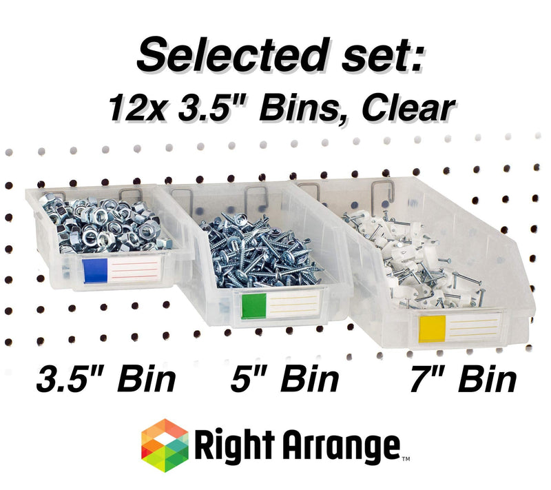Pegboard Bins - 12 Pack Clear - Hooks to Any Peg Board - Organize Hardware, Accessories, Attachments, Workbench, Garage Storage, Craft Room, Tool Shed, Hobby Supplies, Small Parts 3.5 Inch (Pack of 12)