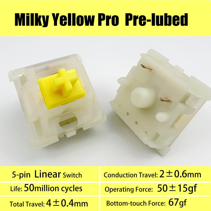 Gateron Milky Yellow Pro V2 Pre-lubed 5-Pin 50gf Linear Switches for All MX Mechanical Keyboard Game Keyboard(Milky Yellow Pro V2,72PCS) 72Pcs