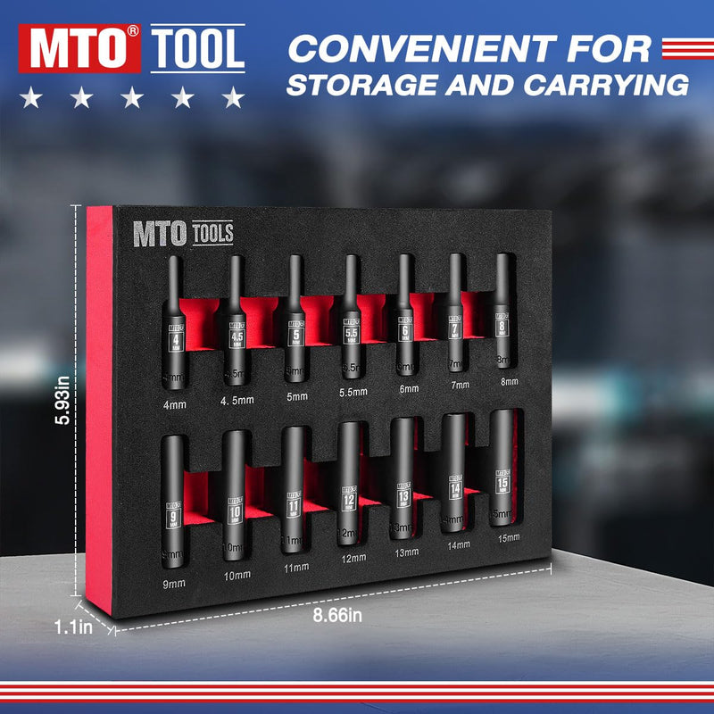 MTO 14-Piece 1/4" Drive Magnetic Deep Impact Socket Set, Metric Size (4mm-15mm) 6 Point Sockets