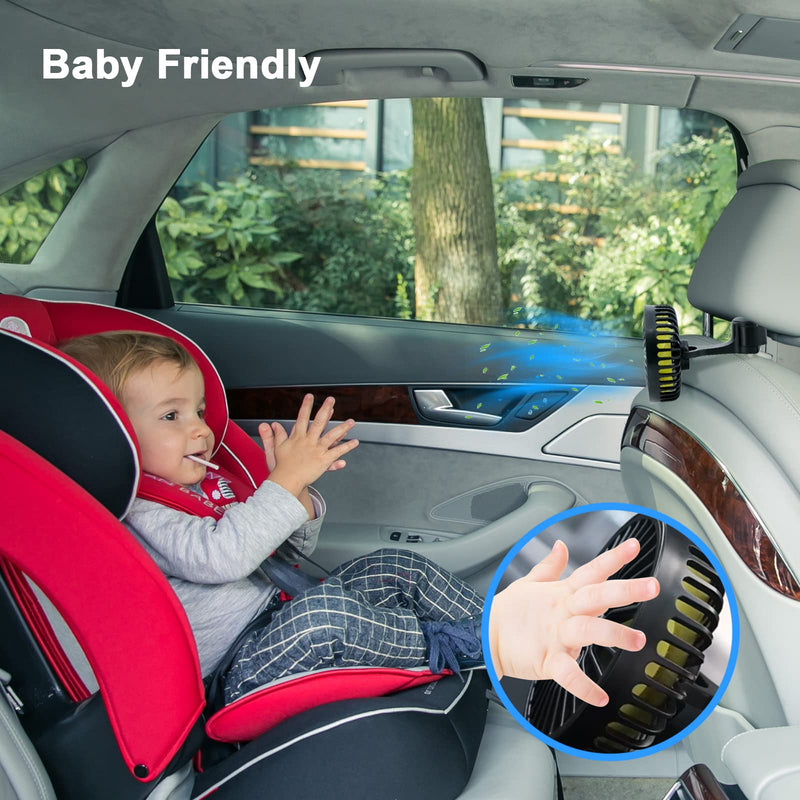 Car Fan for Backseat, USB Powered Car Rear Seat Headrest Fan, 3 Speeds and 360 Degree Rotatable Cooling Fan, Powerful Air Circulation Fan for Sedan, SUV, RV, Pickup, Truck, Van, Golf Vehicles and Boat