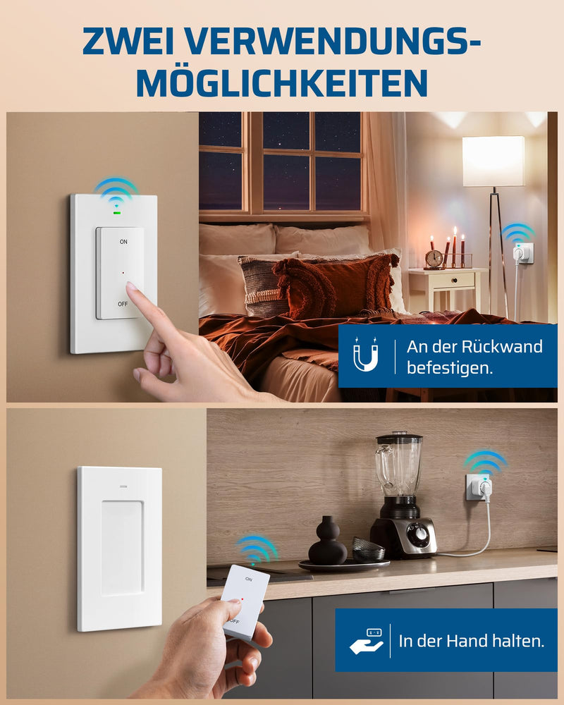 DEWENWILS wireless sockets with remote control, 16A 3680W, plug-in on/off wireless wall switch, no cable required, expandable light switch for holiday decoration, 30M range, pre-programmed, white