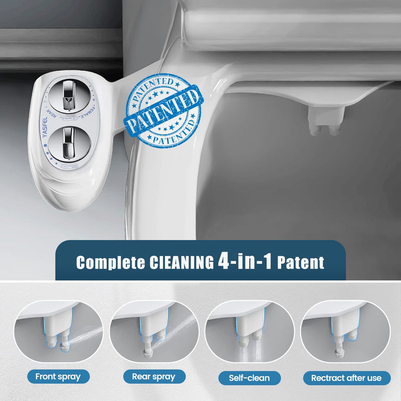 YASFEL Bidet Attachment for Toilet, Self-Cleaning Bidet Sprayer Non-Electric Dual Nozzle for Feminine/Posterior Wash Bidet Toilet Attachment with Pressure Controls (White) White