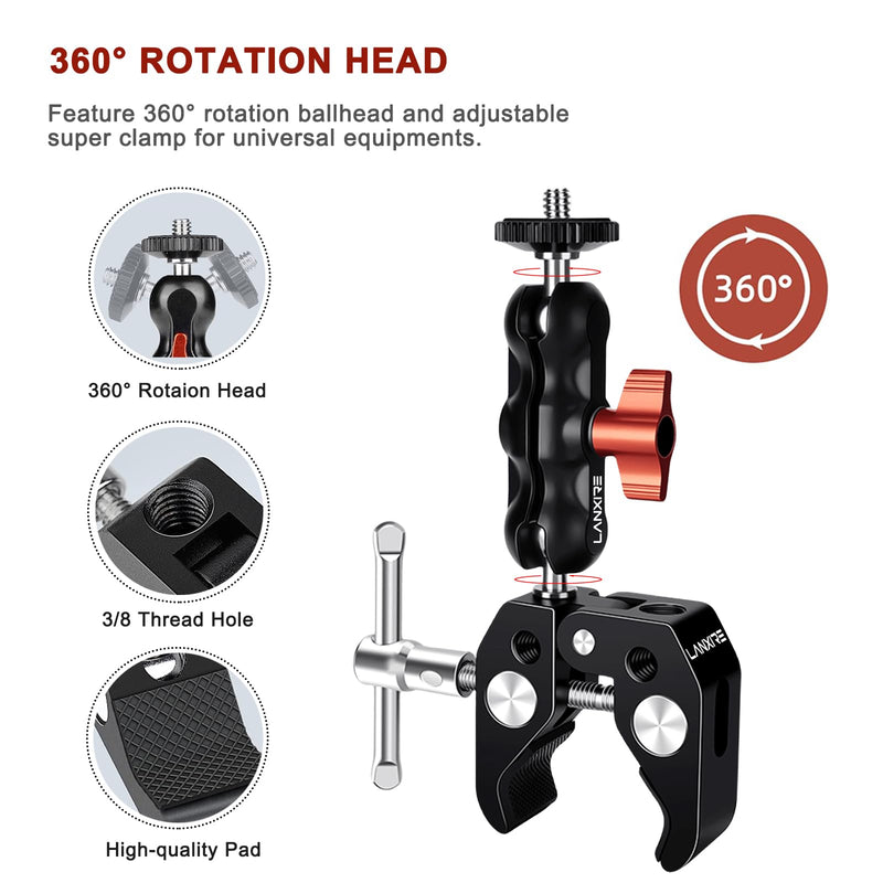 Super Clamp Camera Mount with Double Ball Head Adapter for Ronin-M/Ronin MX/Insta360/Gopro/DJI Action - 2 Pieces, Max Load 4.4lb/2kg