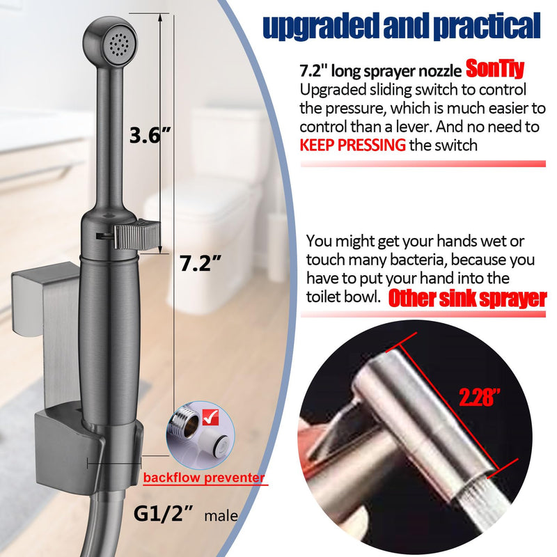 SonTiy Handheld Bidet Toilet Sprayer Gunmetal, Cloth Diaper Sprayer Bathroom Hand Held Jet Spray Bidet Attachment for Toilet with Adjustable Pressure Control, Solid Brass, 7.2" Bidet Wand ‎Black Stainless