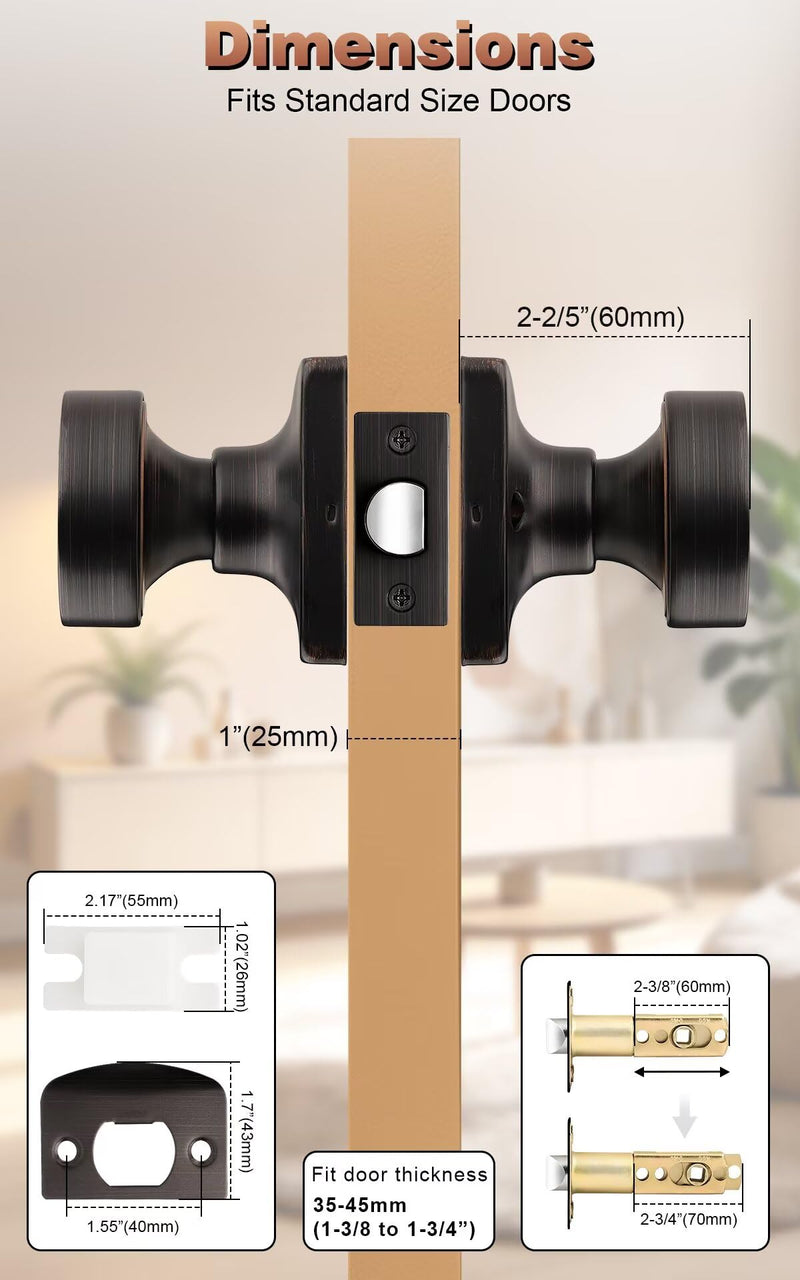 Probrico Passage Door Knobs Interior, Closet Keyless Door Handles for Balcony or Hallway, 1 Pack Square Panel Door Knob in Oil Rubbed Bronze Finish