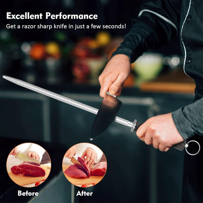 【𝐂𝐨𝐦𝐦𝐞𝐫𝐜𝐢𝐚𝐥 𝐆𝐫𝐚𝐝𝐞】Honing Rod,12" Knife Sharpener Rod Knife Sharpening Steel Rod Adopt 66HRC Hard Alloy Steel Material With Rosewood handle for Knives 12’