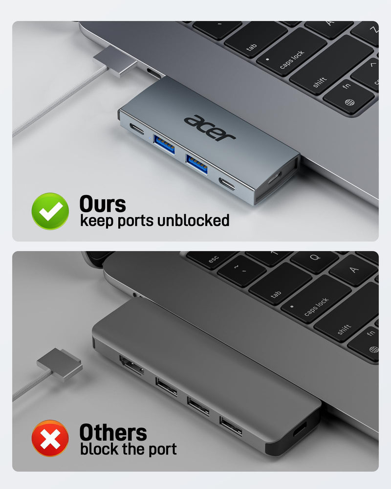 Acer USB C Hub for MacBook Pro/Air M1 M2 M3, 6 in 2 Detachable 4K@60Hz USB C to HDMI Adapter with 2 USBA & 2 USBC 3.0 Data Ports, 100W PD Charging, USBC to USB Dongle Adapter Grey
