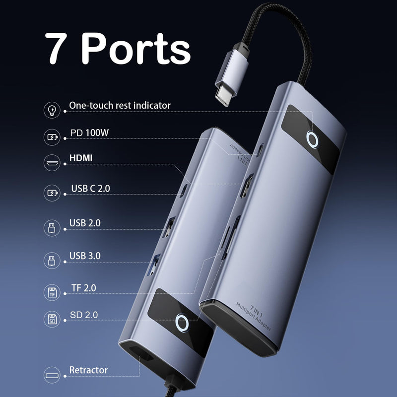7-in-1 USB C Hub,4K 30Hz HDMI Adapter, USB-C Docking Station with 100W PD,TF/MicroSD Card Reader,USB-A 2.0,3.0,Type-C 3.0 Ports,Compatible with MacBook Pro/Air,iPad,iPhone15/Pro Max 7 in 1