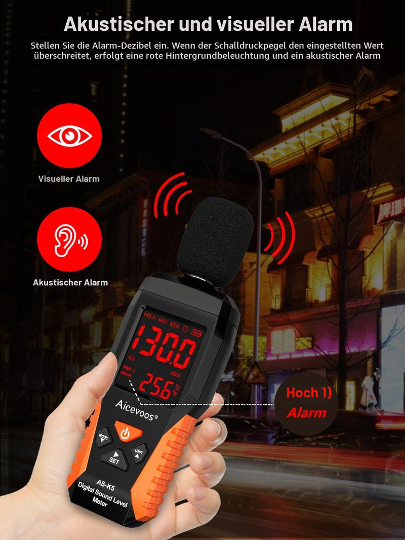 Dezibel Meter dB Meter Sound Level Meter Noise Level Meter 30~130 dB Acoustic and Visual Alarms, A Weighted, MAX/MIN Noise Measurement (18 cm) 18cm