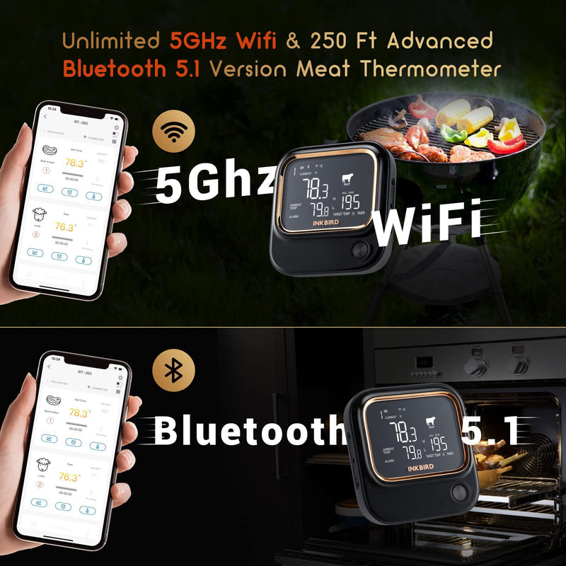5GHz WiFi & Bluetooth 5.1 Meat Thermometer, Inkbird WiFi Grill Meat Thermometer for Grilling Smoker BBQ Cooking with 4 Probes, IBT-26S Wireless APP Control, Alarm Timer, Backlit LCD, Rechargeable 26S