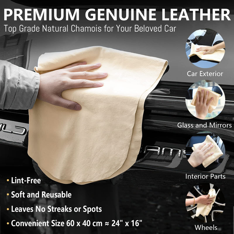 Chamois Cloth for Car 2 Pack Shammy Towel 24'' x 16'' (2.58 sq ft Each) Super Absorbent Car Drying Towel Real Leather Lint Free Streak Free for Car Wash Auto Detailing