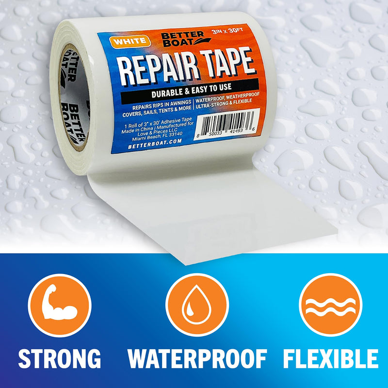 Repair Tape Fabric Repair Boat Covers Canvas Repair Tape Pop Up Camper RV Awning Repair Tape Tarp Canopy Tear & Vinyl Waterproof Bimini Tops Sail Air Mattress Patch Kit 30FTx3 White Heavy Duty